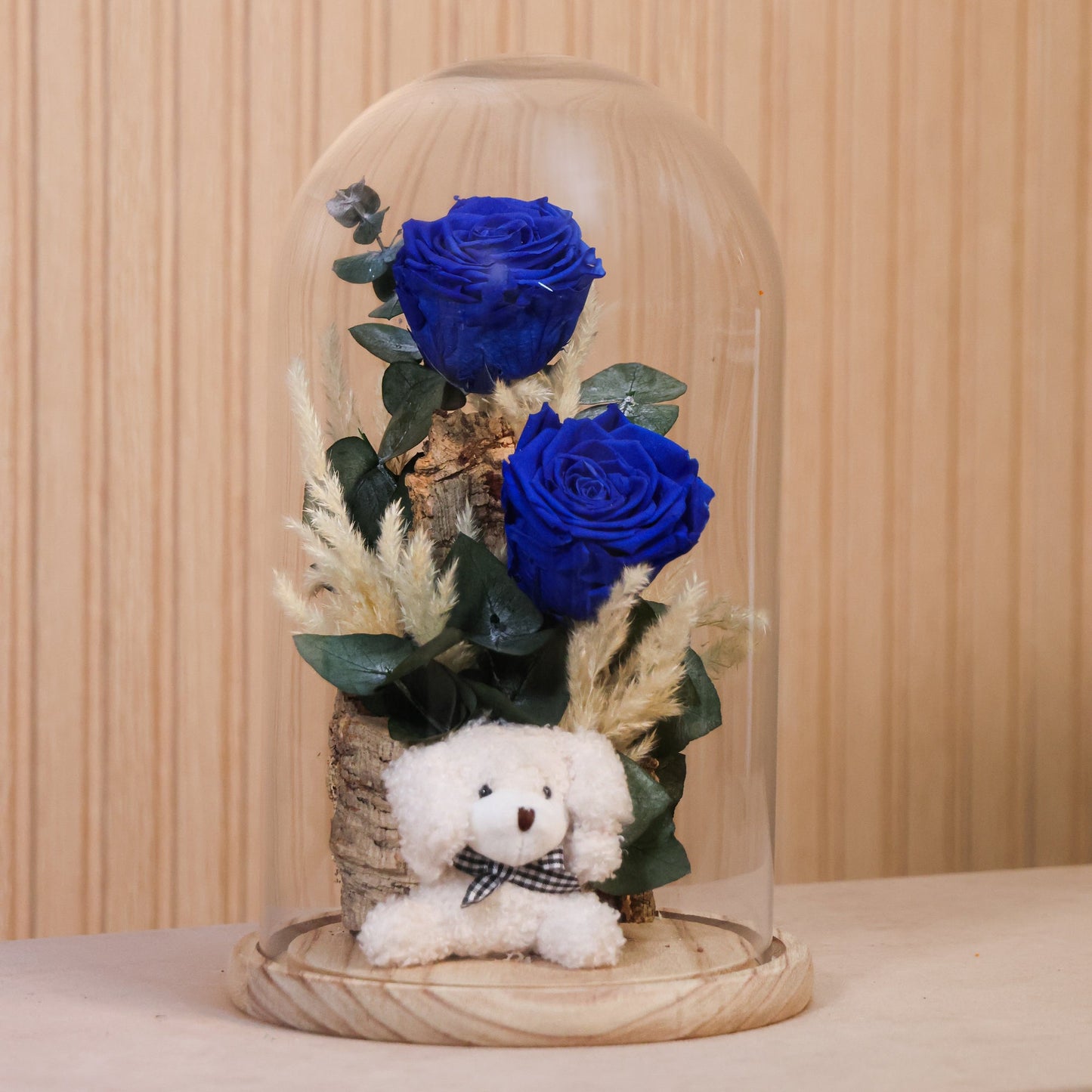 Cupula con rosas preservadas azul marino