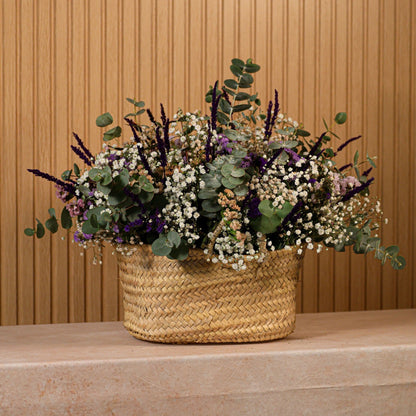 Cesta grande de flores preservadas Provenza con statice en tonos amarillo, morado y rosado, paniculata y lavanda