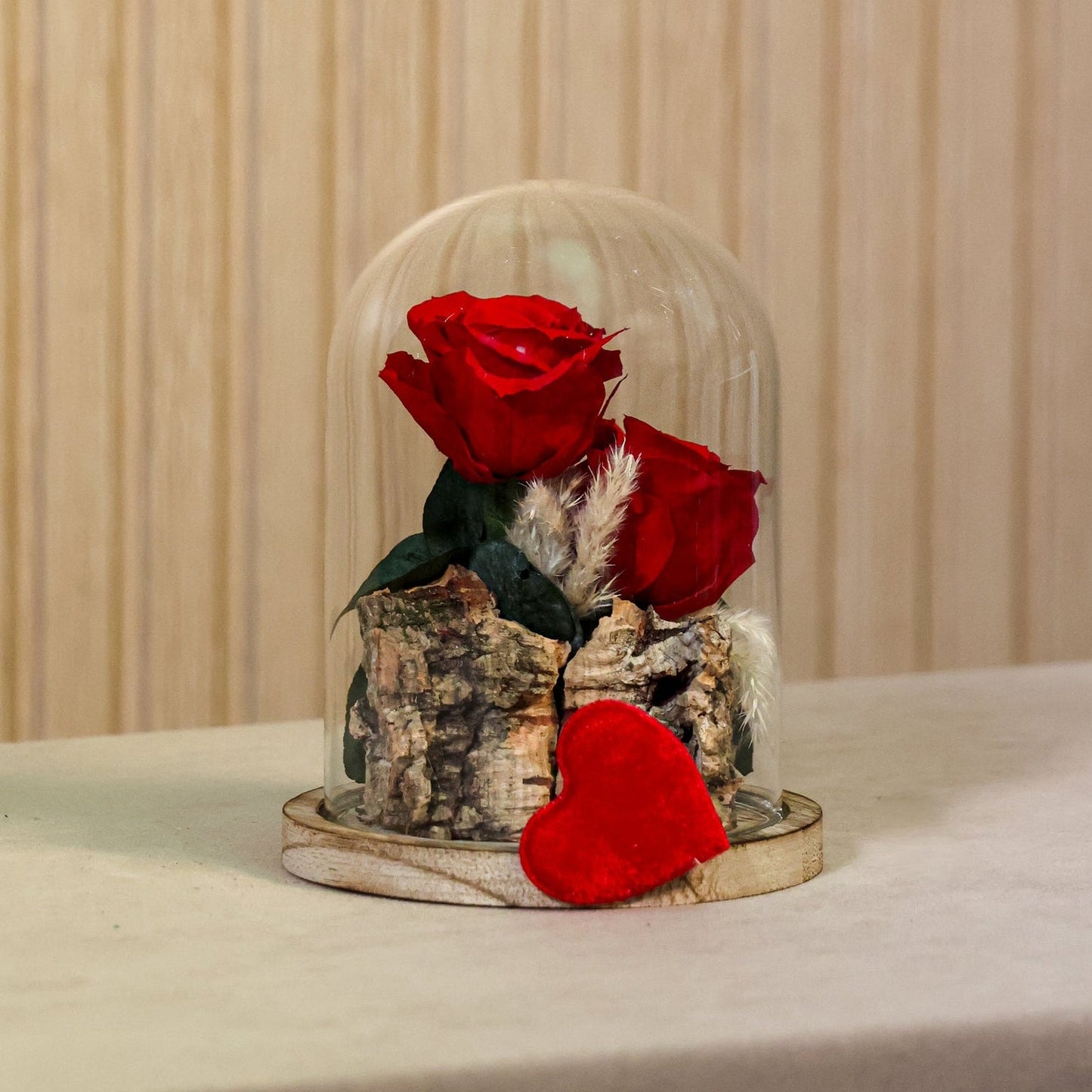 Cupula pequeña con rosas rojas preservadas